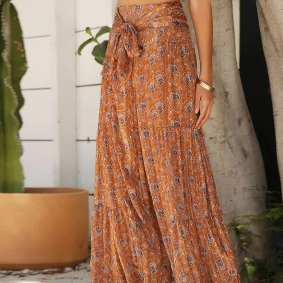 Paisley Palazzo waist Tie Lounge Pants Orange - Picture 2 of 16